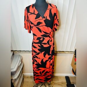 Ashley Stewart Salmon Black Wrap Around Floral Maxi Dress Size 14/16